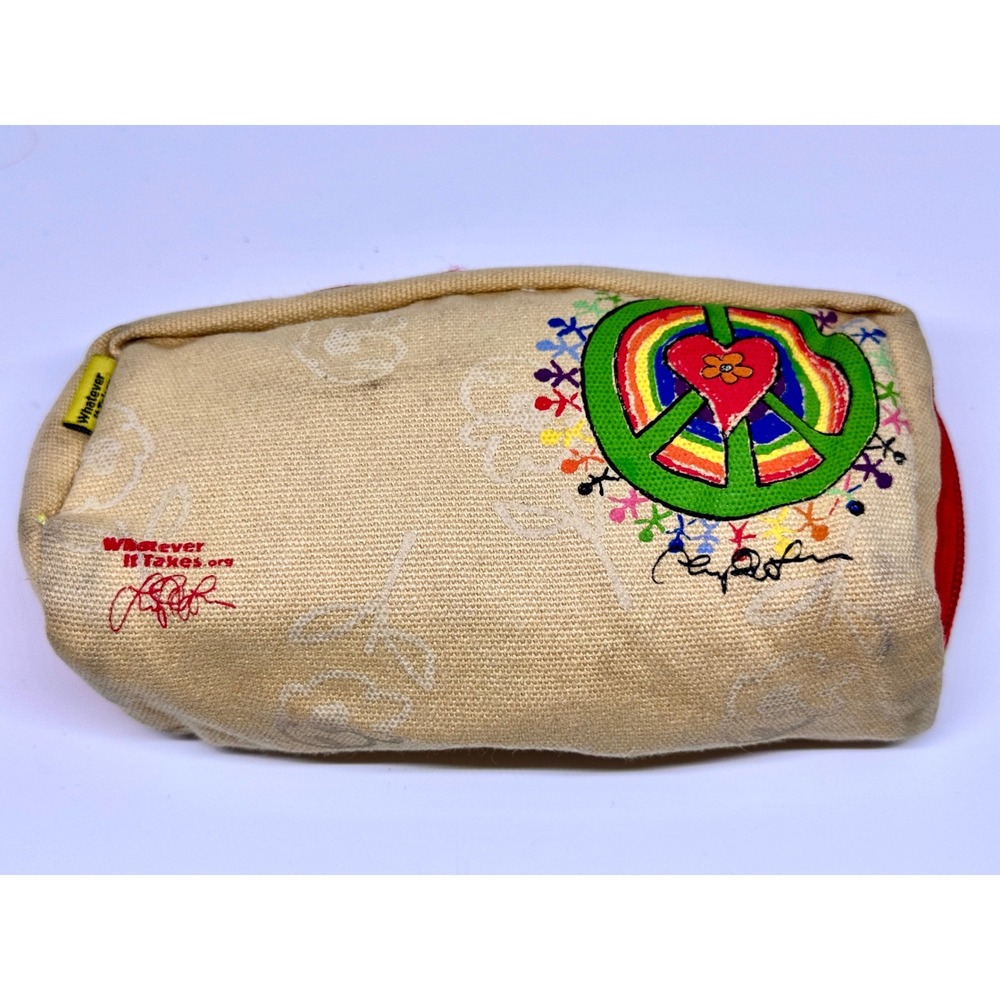 Lucy Liu Whatever It Takes Peace Heart Canvas Cosmetic Bag Tan Red